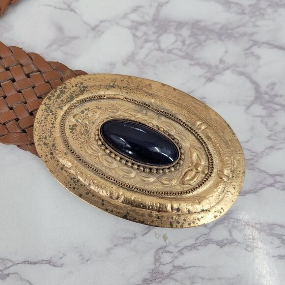 Vintage Brown Woven Belt with Gold Oval Buckle with Navy Blue Faux Stone main image 7